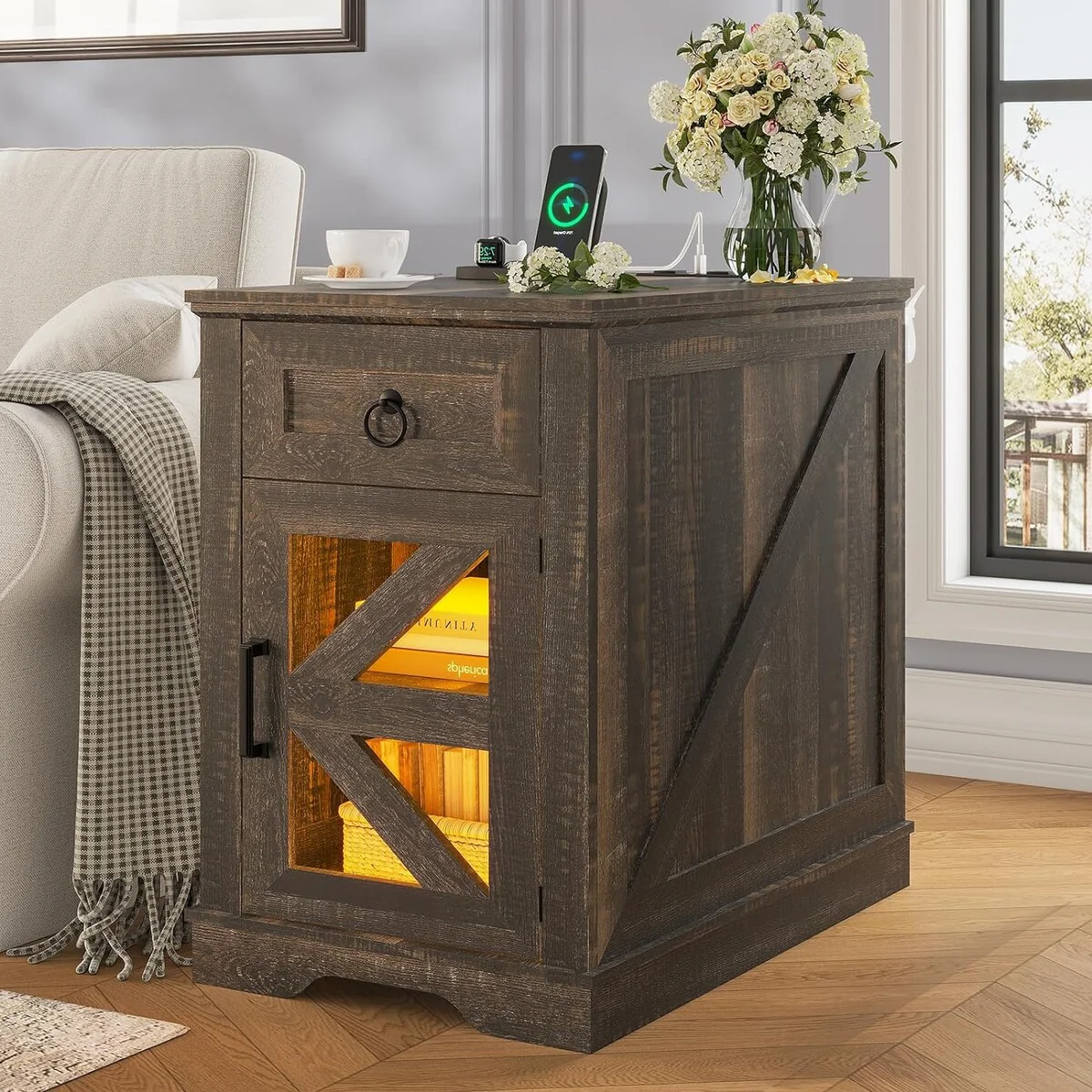 Farmhouse LED Nightstand End Table Side Table 1 Drawer