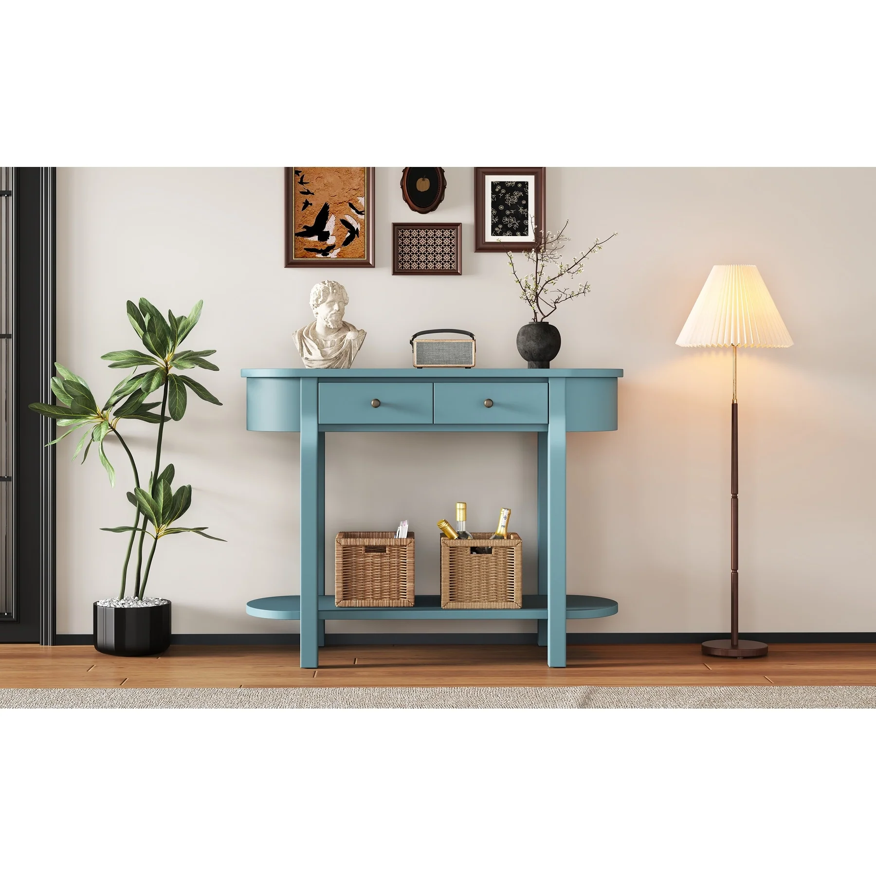 Vintage Console Table with 2 Storage Drawers, Open Lower Shelf, and Curved Design for Home Entryway and Hotel