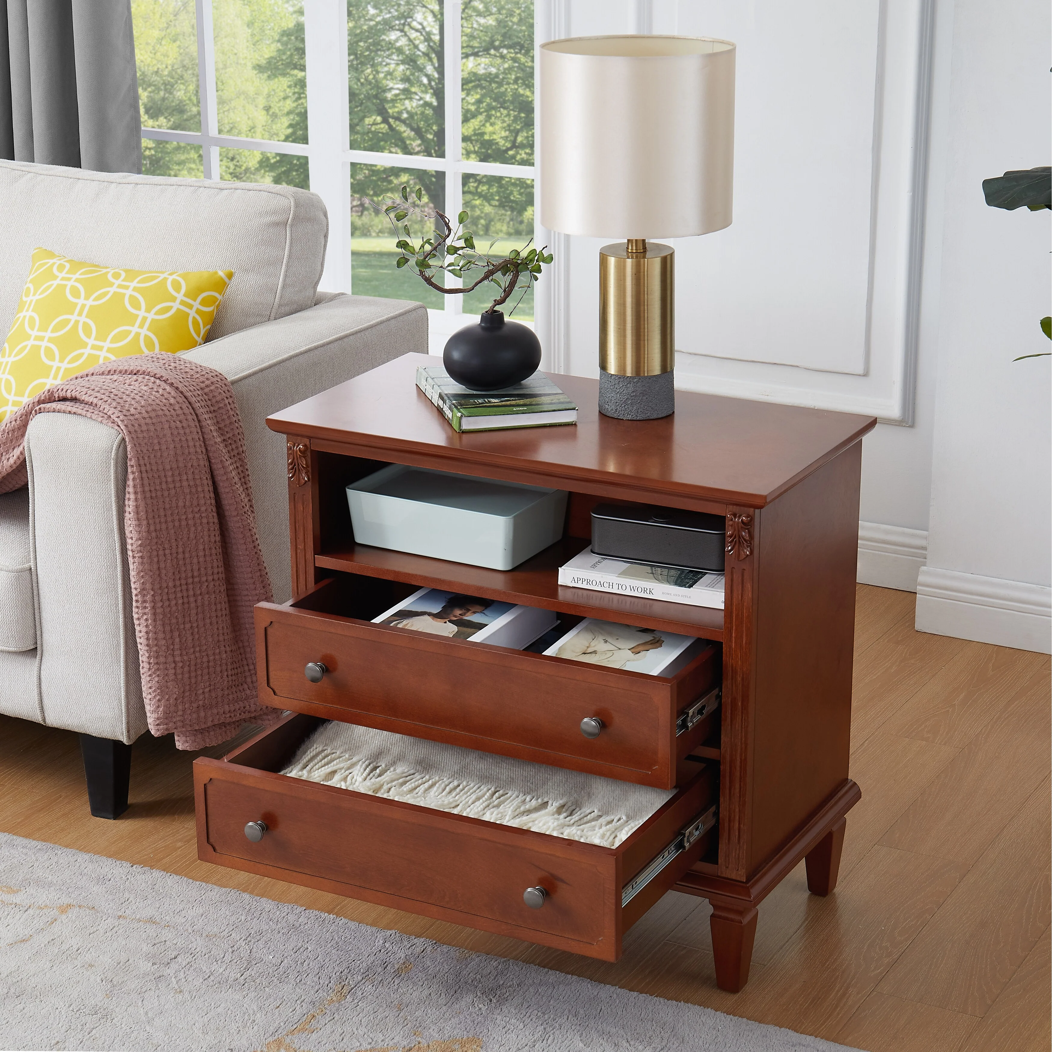 Open Space And 2 Drawers Dresser Nightstand With Charging Station, Farmhouse End Table With Usb Ports And Outlets