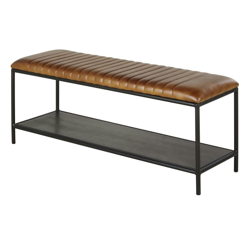 ALBERTO - Banquette en métal noir et cuir de buffle marron