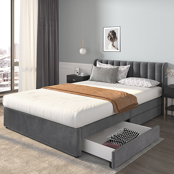 Lit avec Rangements 140x200, Lit Double Capitonné avec 2 Tiroirs, Velours Gris