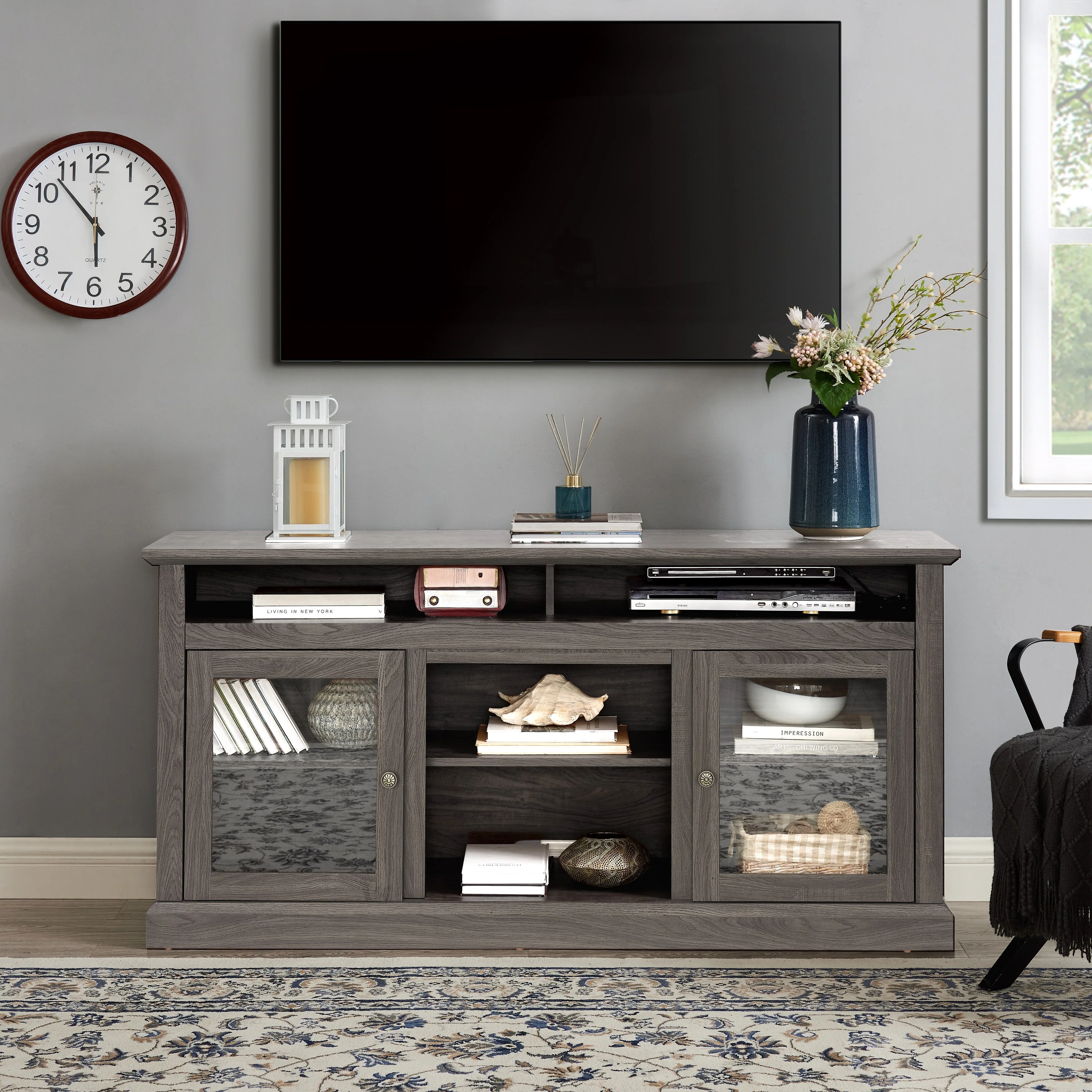 Black + Dark Walnut 60 TV Stand with Cable Cutouts, Glass Doors & Adjustable Shelves for TVs Up to 65