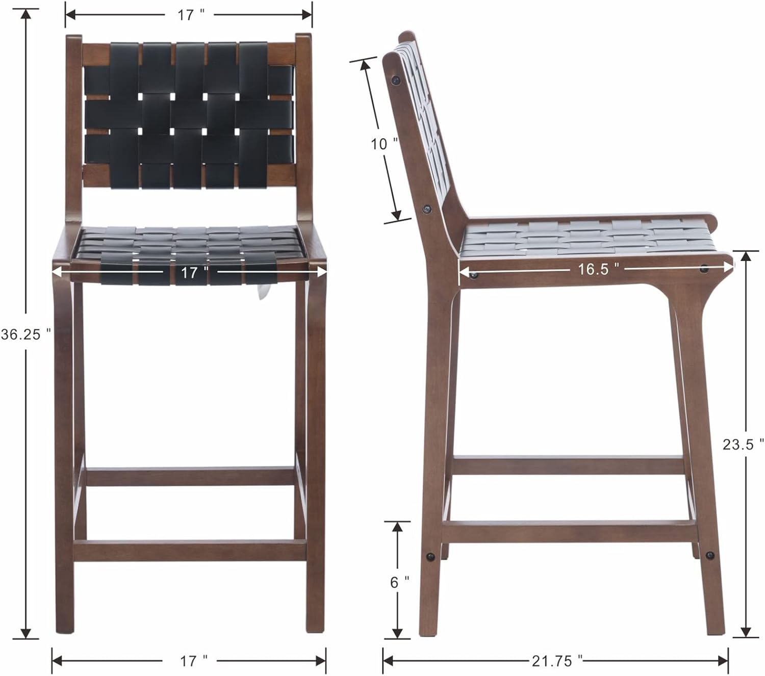 Counter Stools Set of 2 Modern 23.5 Counter Height Barstool with PU Leather Woven Strap Seat & Open Back Walnut Wood Color Chairs with Footrest for Home Bar/Dining Room/Kitchen Island, Black