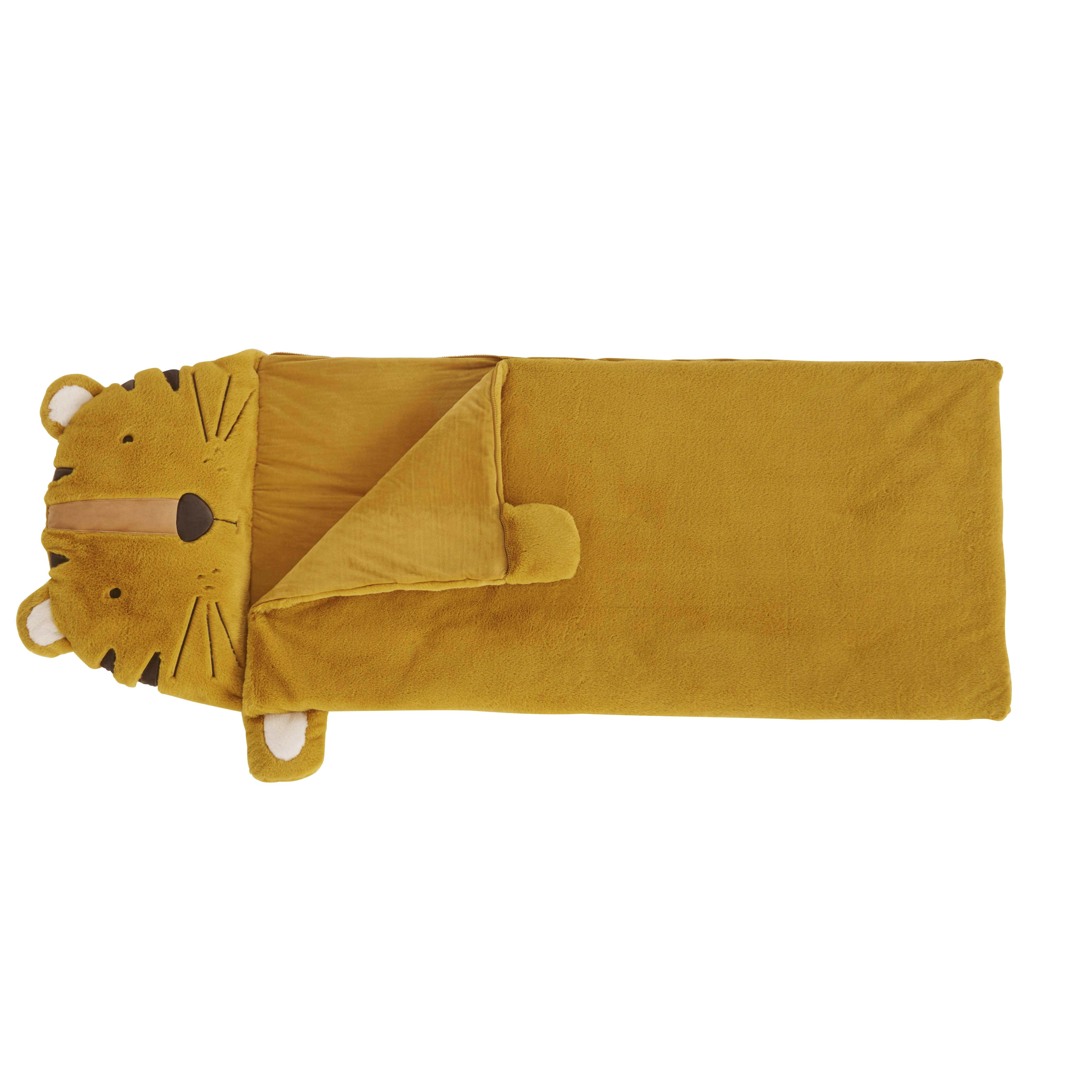 - Sac de couchage enfant tigre jaune moutarde, gris anthracite et écru