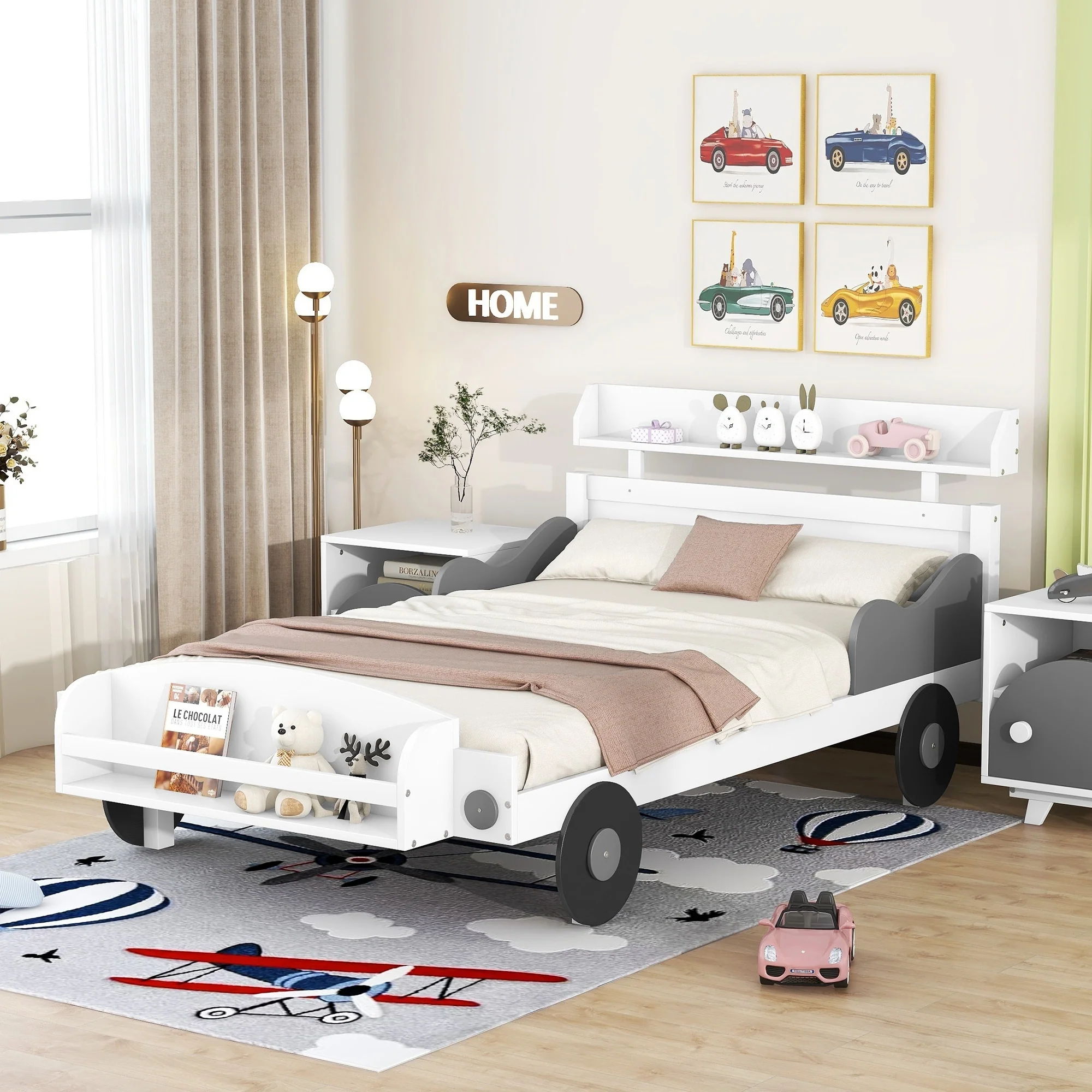 Car-Shaped Full Bed with Headboard and Footboard Storage Shelves, Sturdy Slats