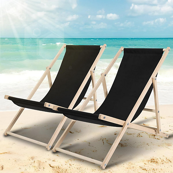Lot de 2 chaises longues pliantes en bois - Noir - Charge maximale : 120 kg - Réglable - Résistant aux intempéries