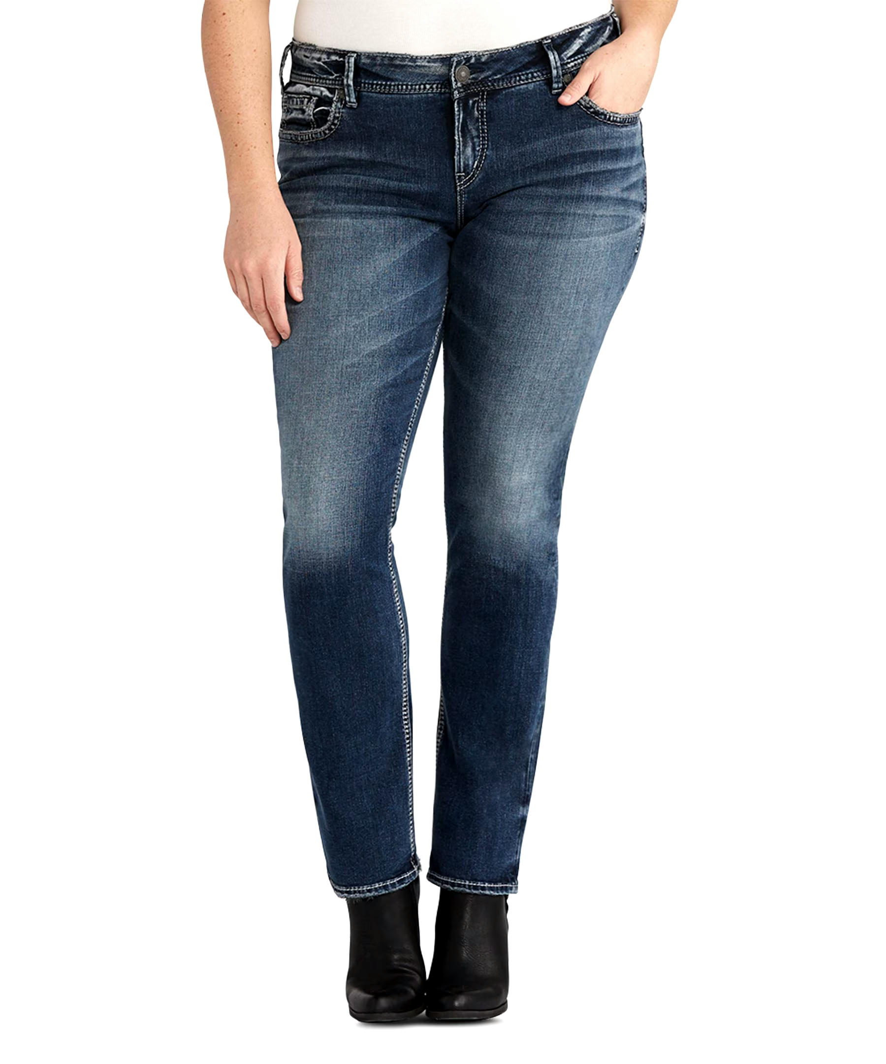 Silver Women's Elyse Mid Rise Straight Leg Jeans - Dark Indigo - Plus Size