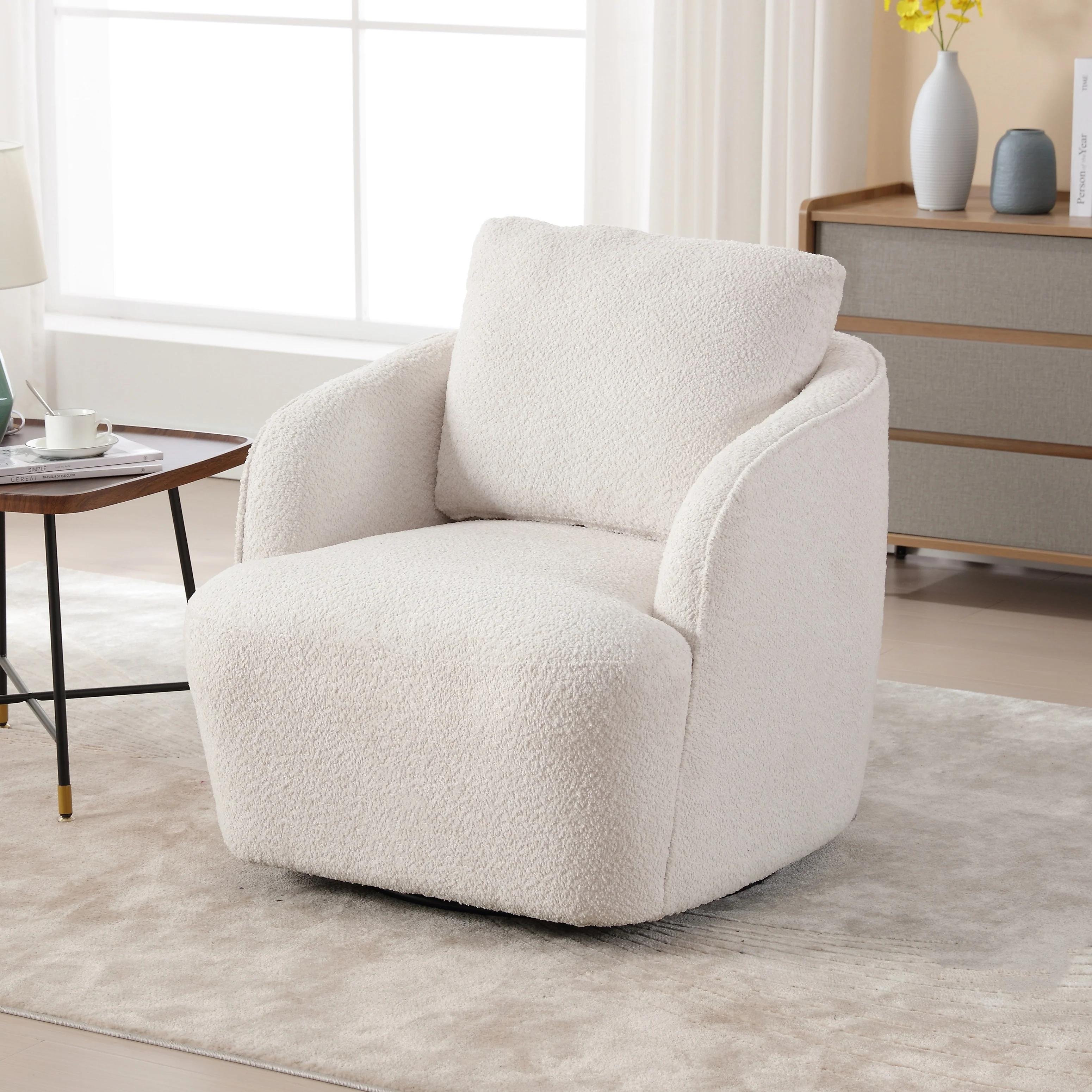Boucle Fabric Upholstered Swivel Barrel Armchair With Pillow