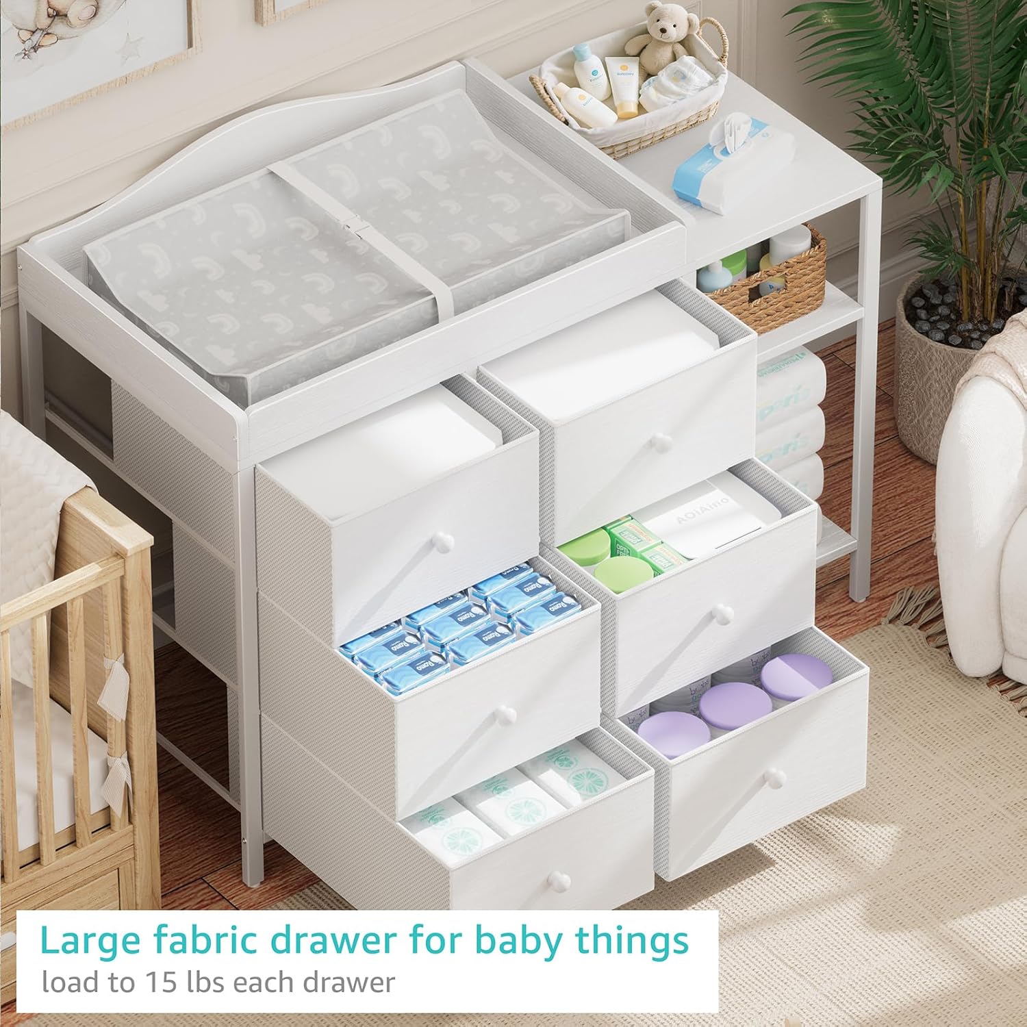 BOLUO Baby Dresser with Changing Table Top, Black Changing Table Dresser with 6 Fabric Drawers Diaper Changing Station with Storage Shelf for Nursery Modern