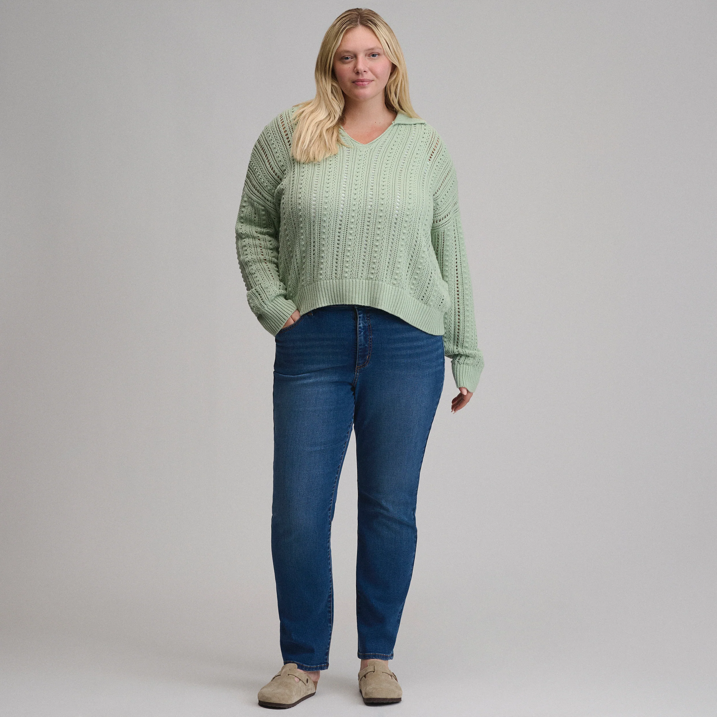 Women's Long-Sleeve Slub Johnny Collar Sweater