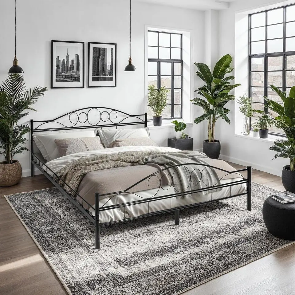 tectake Metalen bed met lattenbodem in romantisch ontwerp, Zwart/zwart