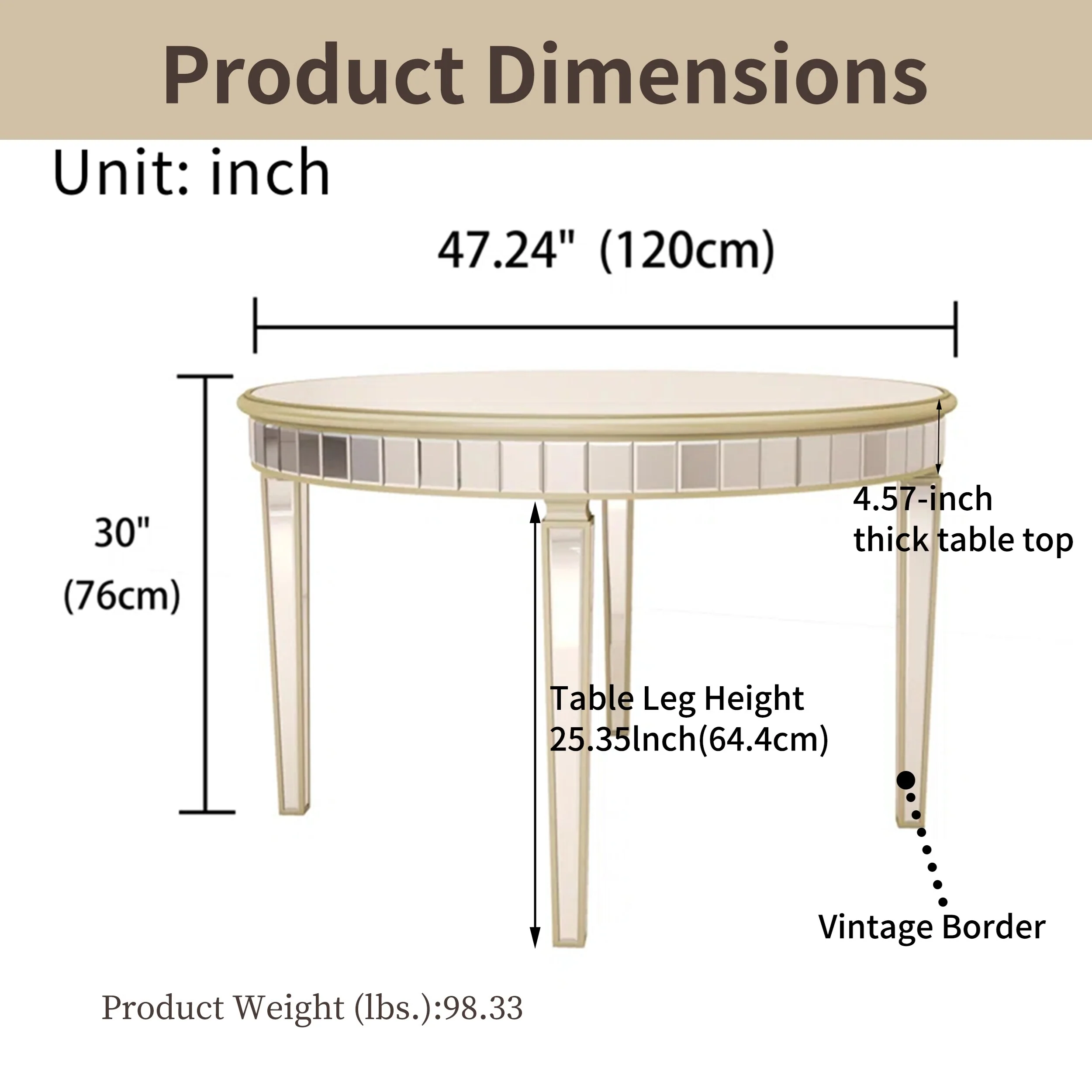 47 Round Mirror Top Table with Gold Geometric Base, Seats 4-6