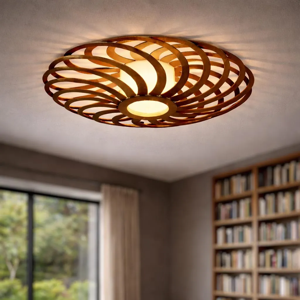 Wood Flush Mount Light: Scandinavian Style Chandelier, Warm Lighting, Portal Brown