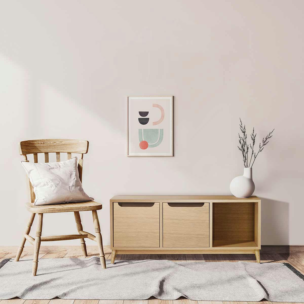 - Meuble bas, 2 portes, 1 niche de rangement, chêne.