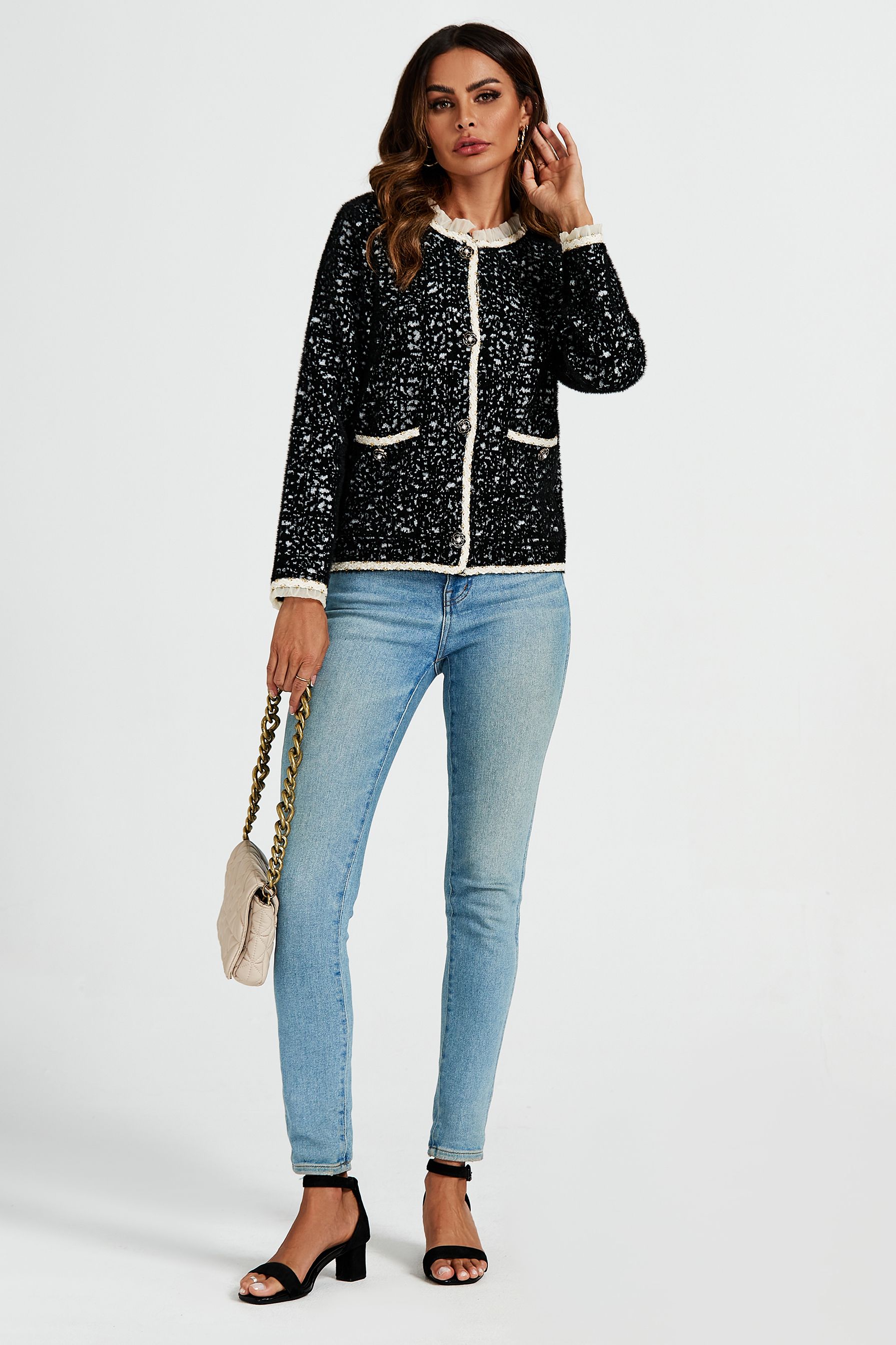 FS Collection Lace Trim Boucle Jacket In Black