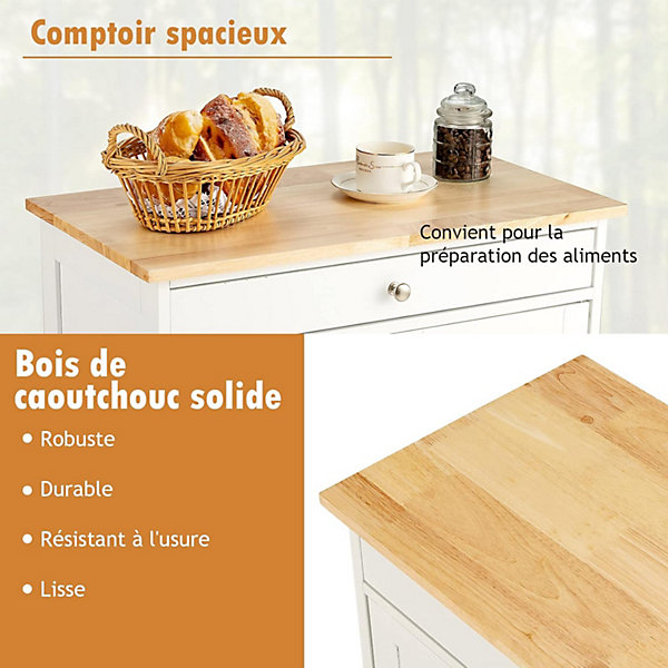 Desserte de Cuisine à roulettes Chariot de Cuisine en Bois avec Casiers à Vin 3 Niveaux 67 x 37 x 86 CM, Blanc