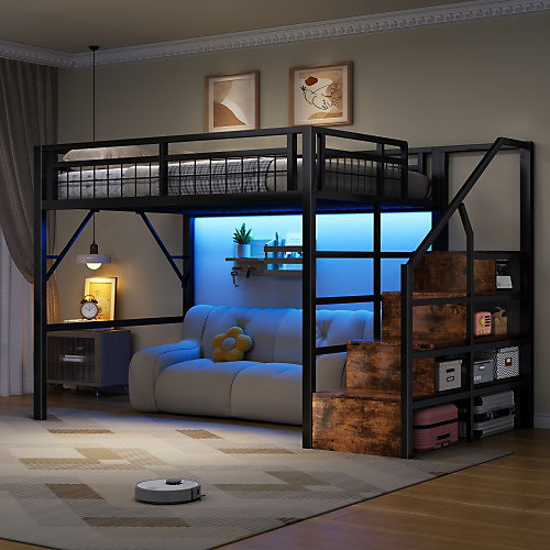 Lit mezzanine 140 x 200 cm - Structure en fer - éclairage LED - Escalier - Noir (matelas non inclus)