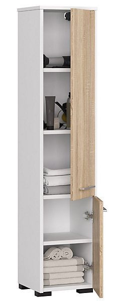Colonne salle de bains AKORD FIN Blanche 30 cm 2 portes façade Chêne Sonoma 5 étagères 30x30x140 cm