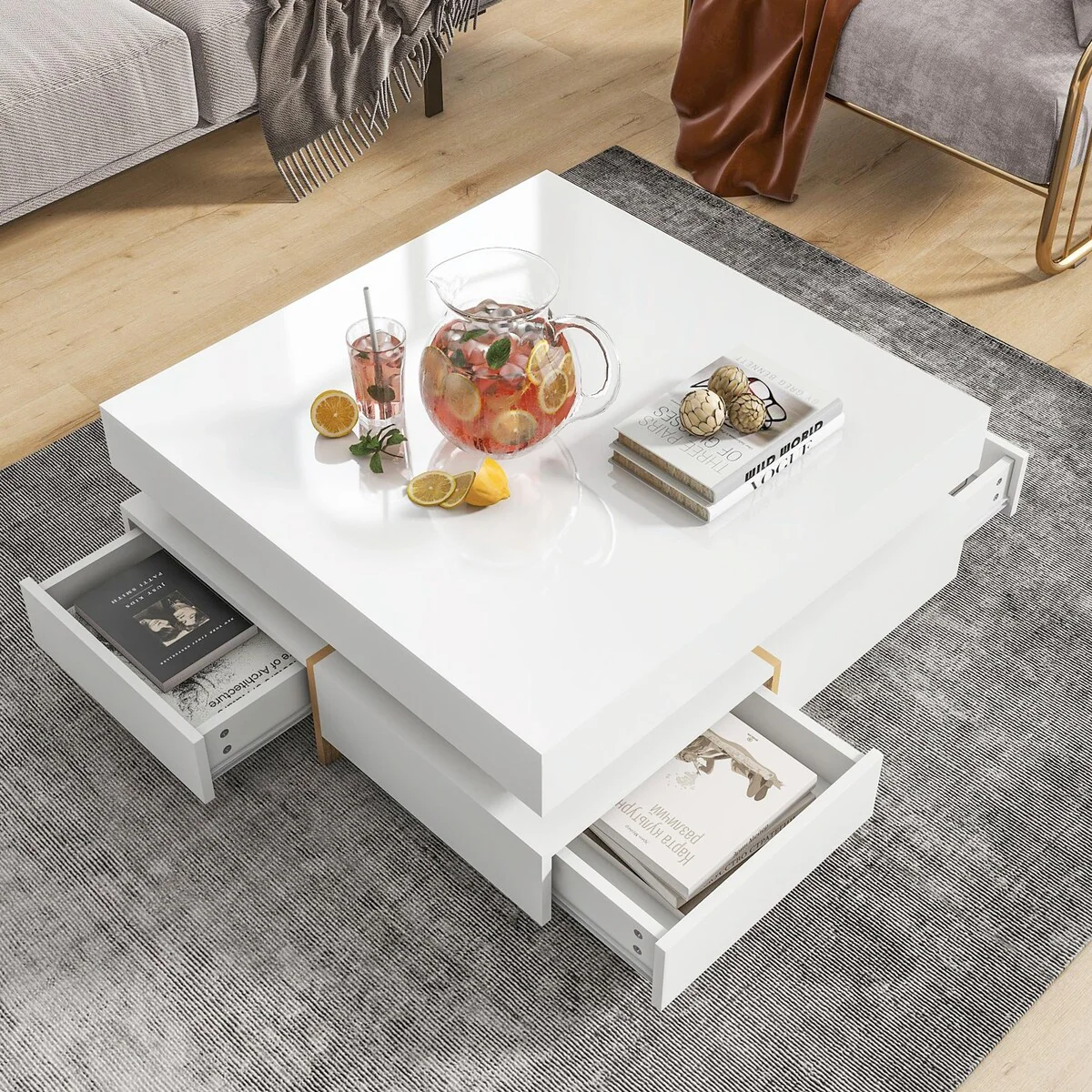 Stylish High Gloss Coffee Table with 4 Drawers