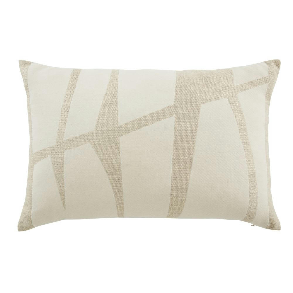 LUTRY - Coussin en coton recyclé tissé jacquard beige motifs écrus 60x40