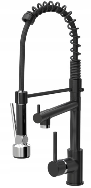 Zlew granitowy czarny Tasos i bateria Spiral z syfonem