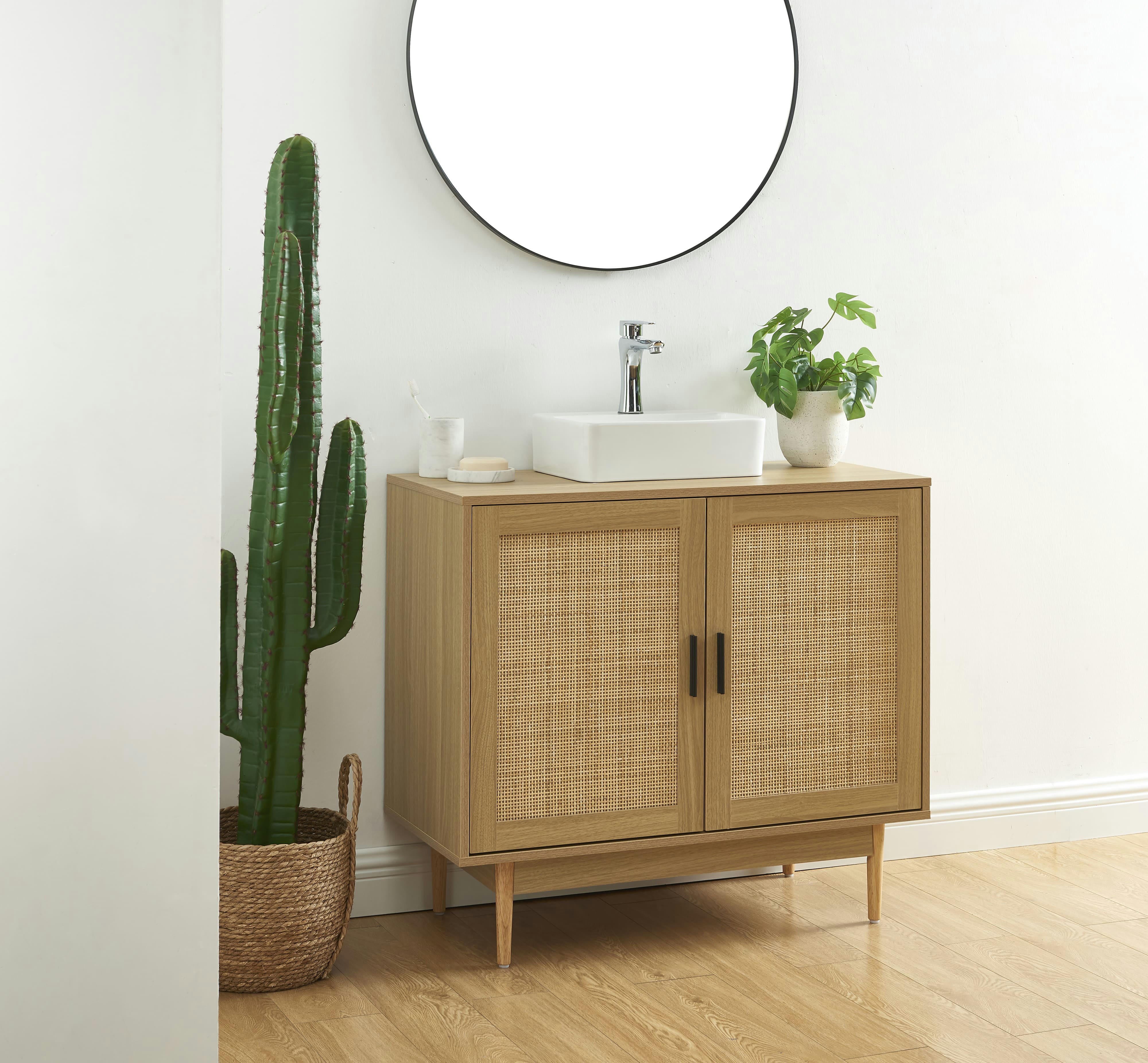 AMANA - Meuble sous lavabo  effet chêne et cannage rotin 90cm