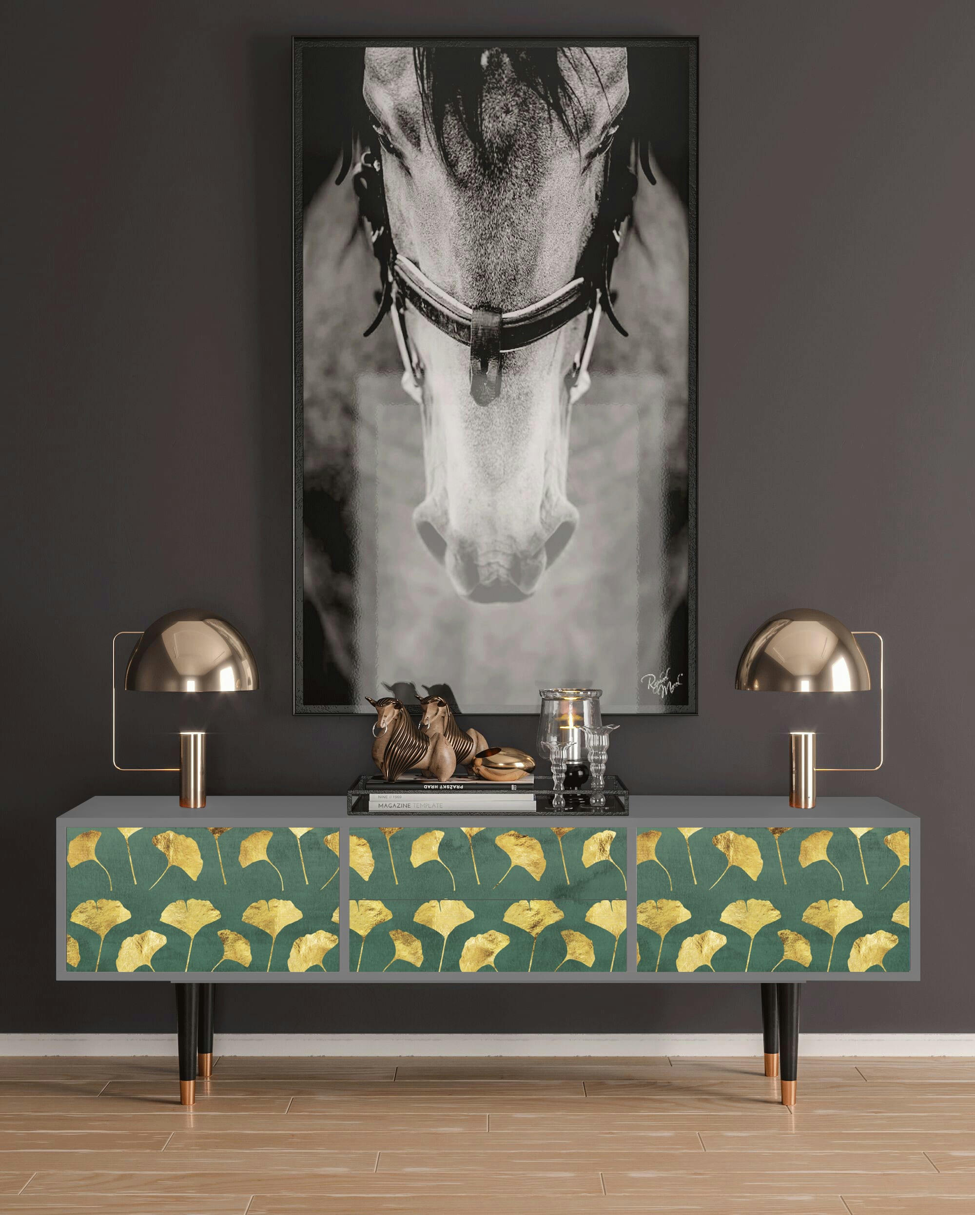 GINGKO LEAVES - Meuble TV  vert et jaune 2 tiroirs et 2 portes L 170 cm