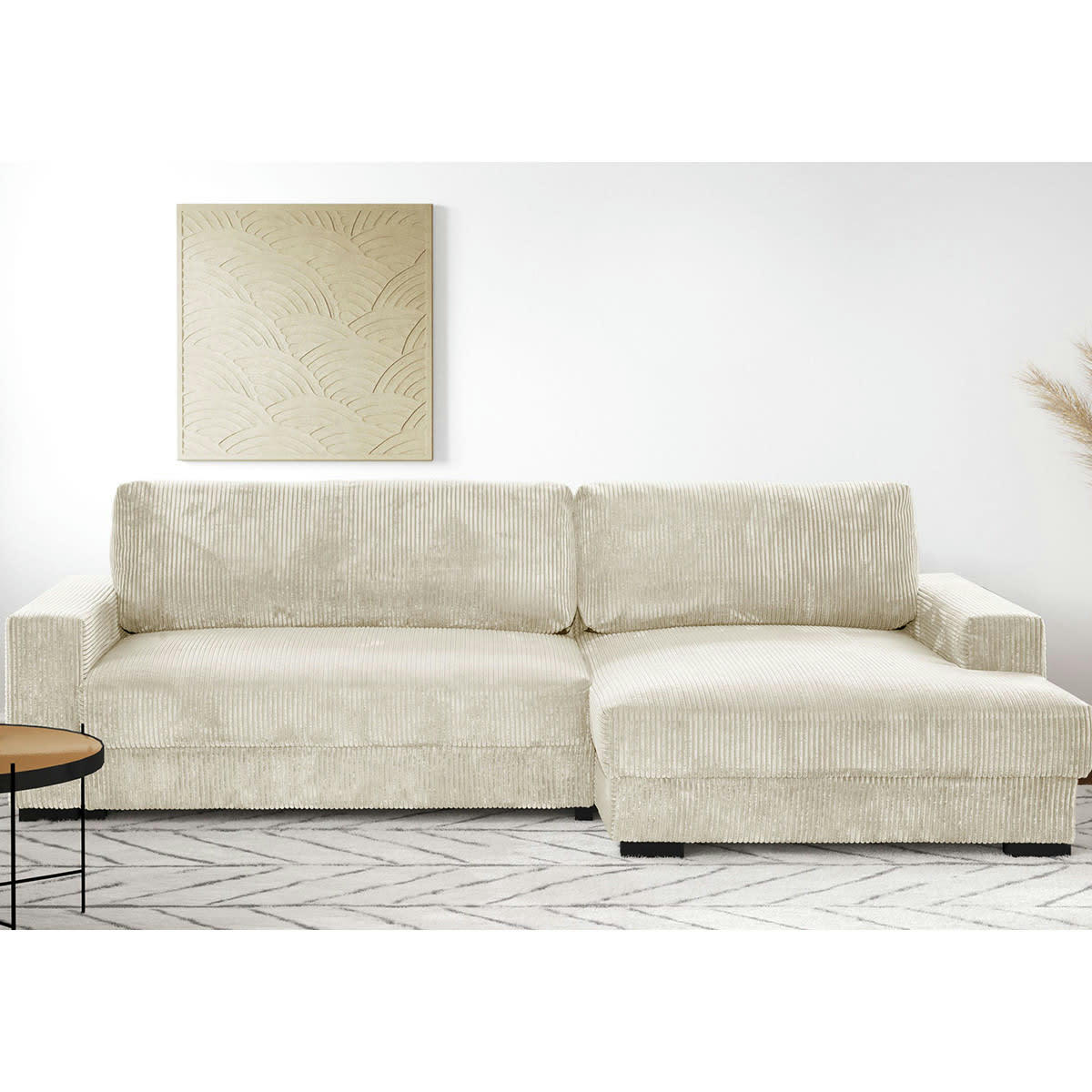 ARTY - Canapé d'angle à droite convertible 3 places en velours côtelé beige