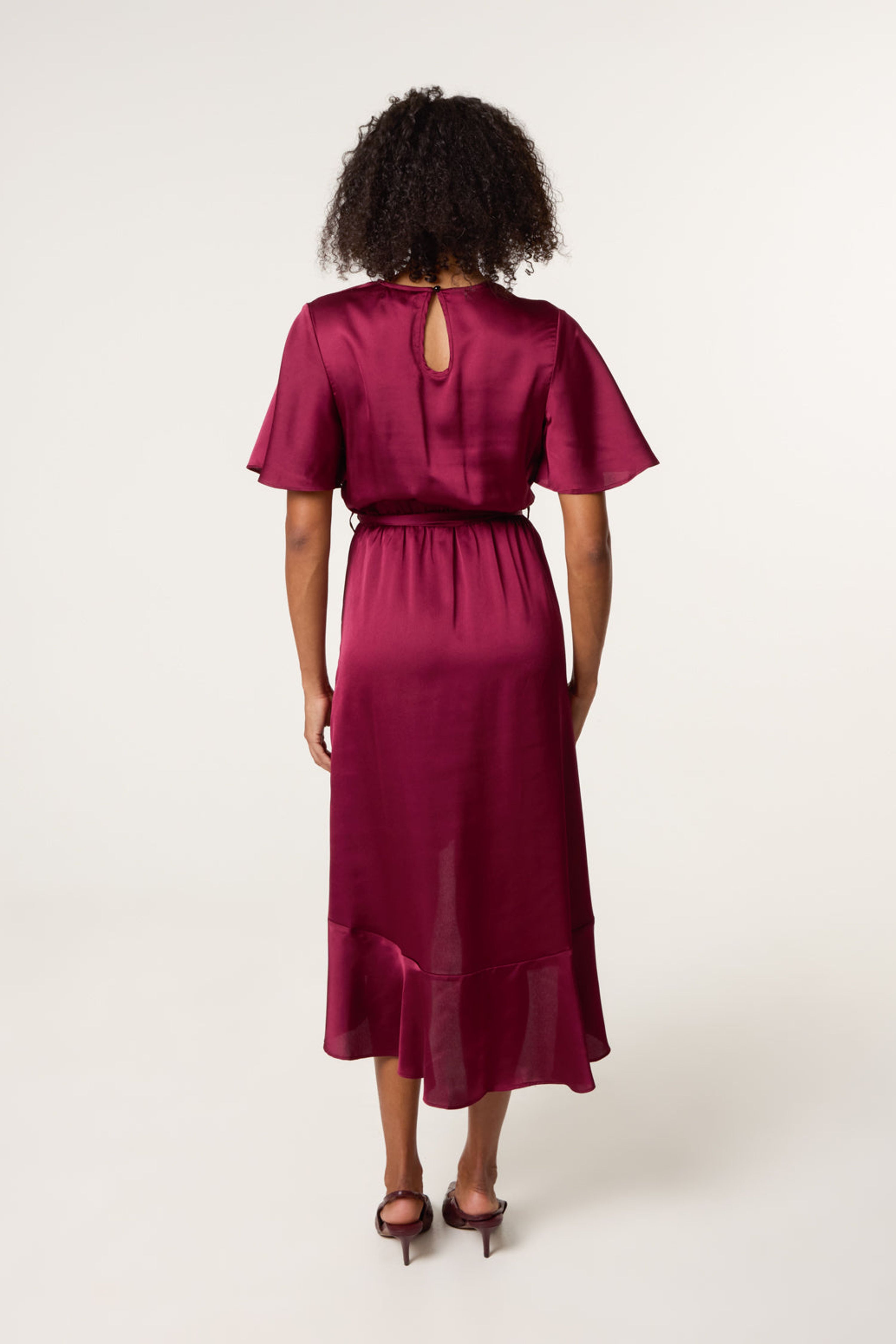 Blue Vanilla Red Satin Wrap Frill High To Low Midi Dress