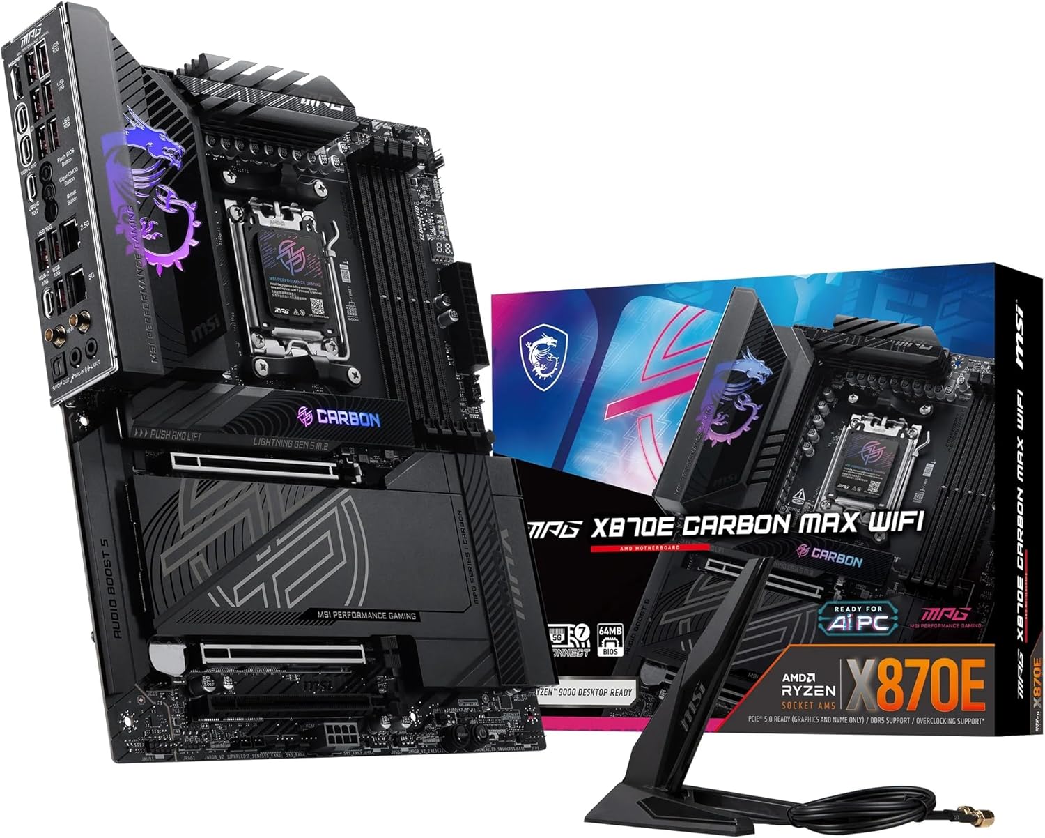 MSI MPG X870E Carbon MAX WiFi Motherboard, ATX - Supports AMD Ryzen 9000/8000 / 7000 Processors, AM5-64MB BIOS ROM, 110A SPS VRM, DDR5 Memory Boost 8400+MT/s (OC), PCIe 5.0 x16, M.2 Gen5