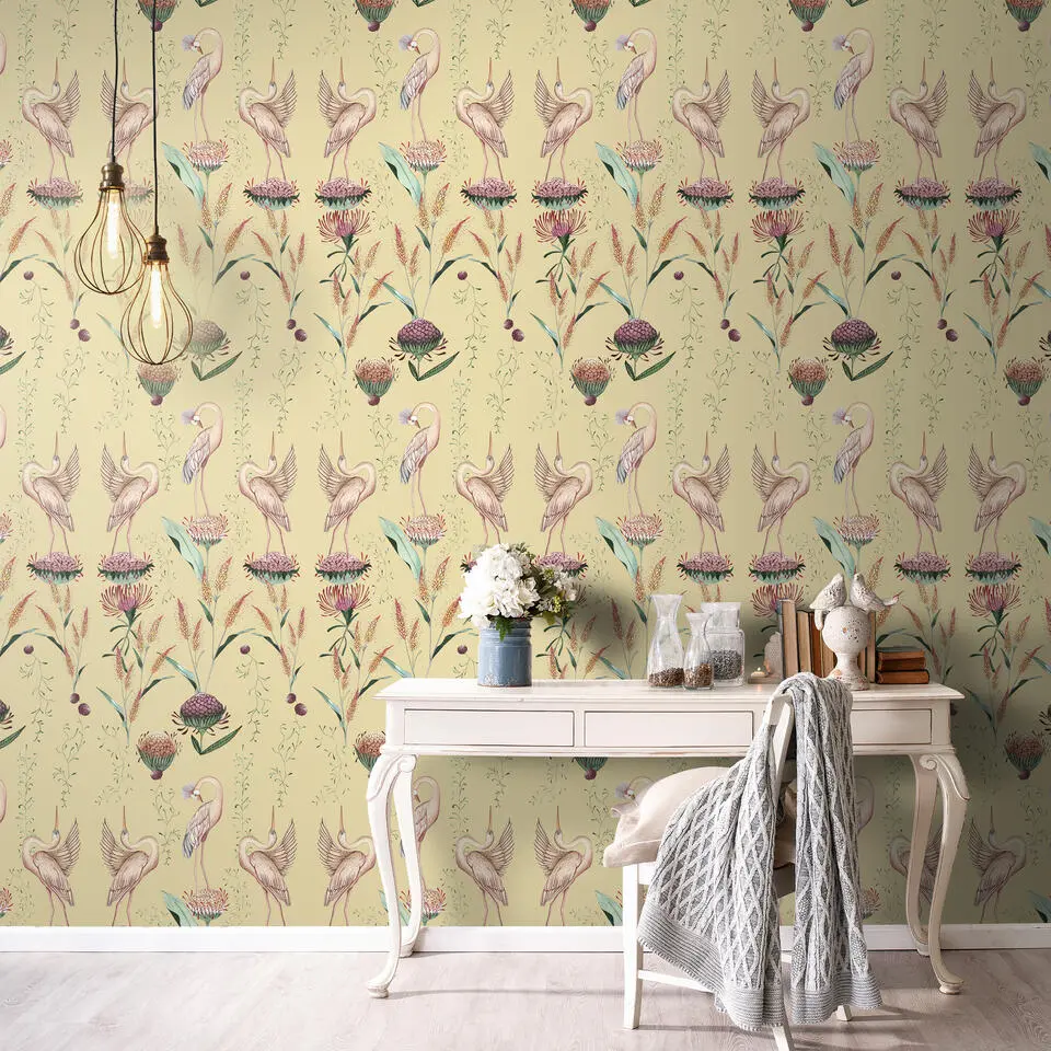 Walls4You behang kraanvogels geel en roze - 53 cm x 10 m