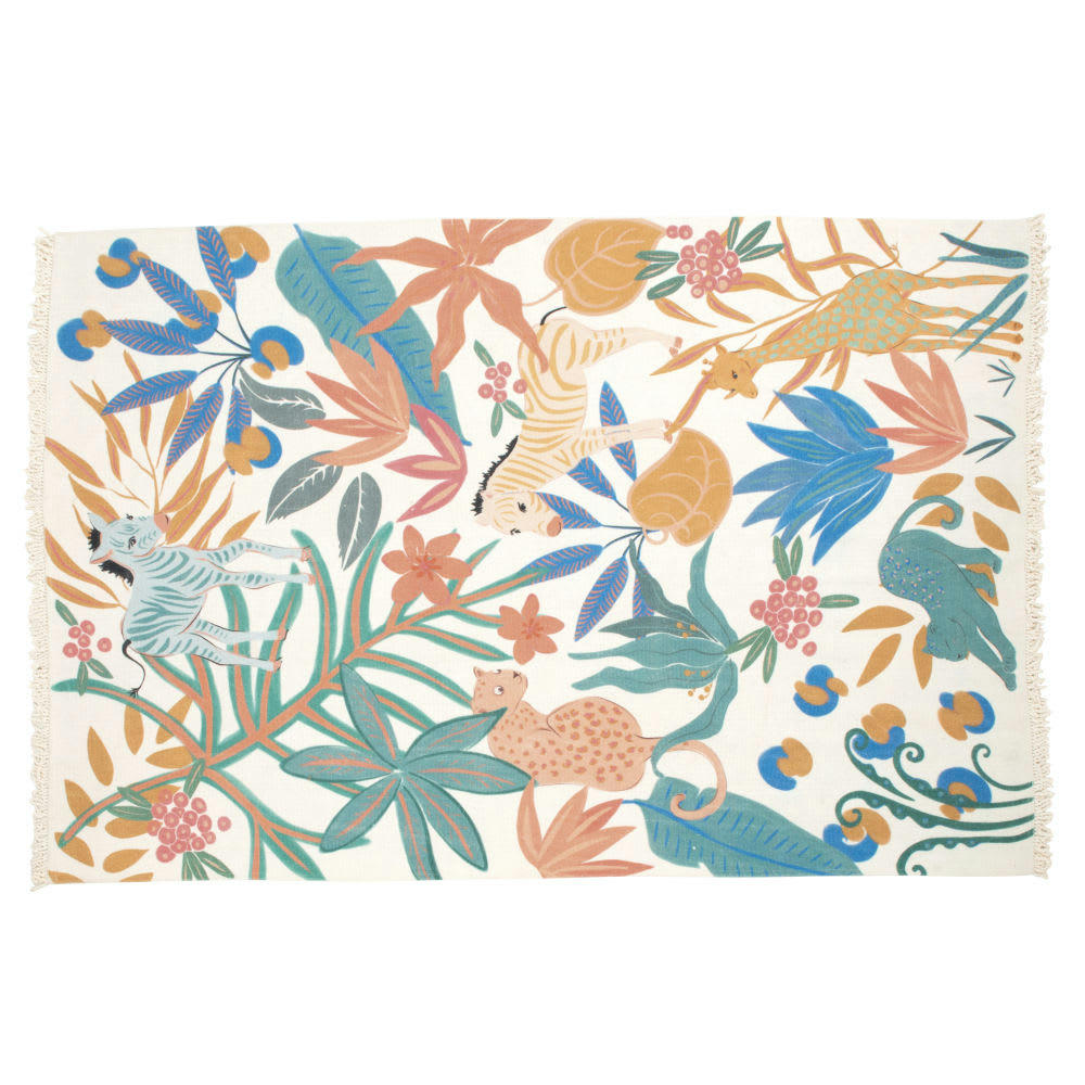MADRID - Tapis enfant tissé en coton recyclé imprimé animalier multicolore à franges 120x180