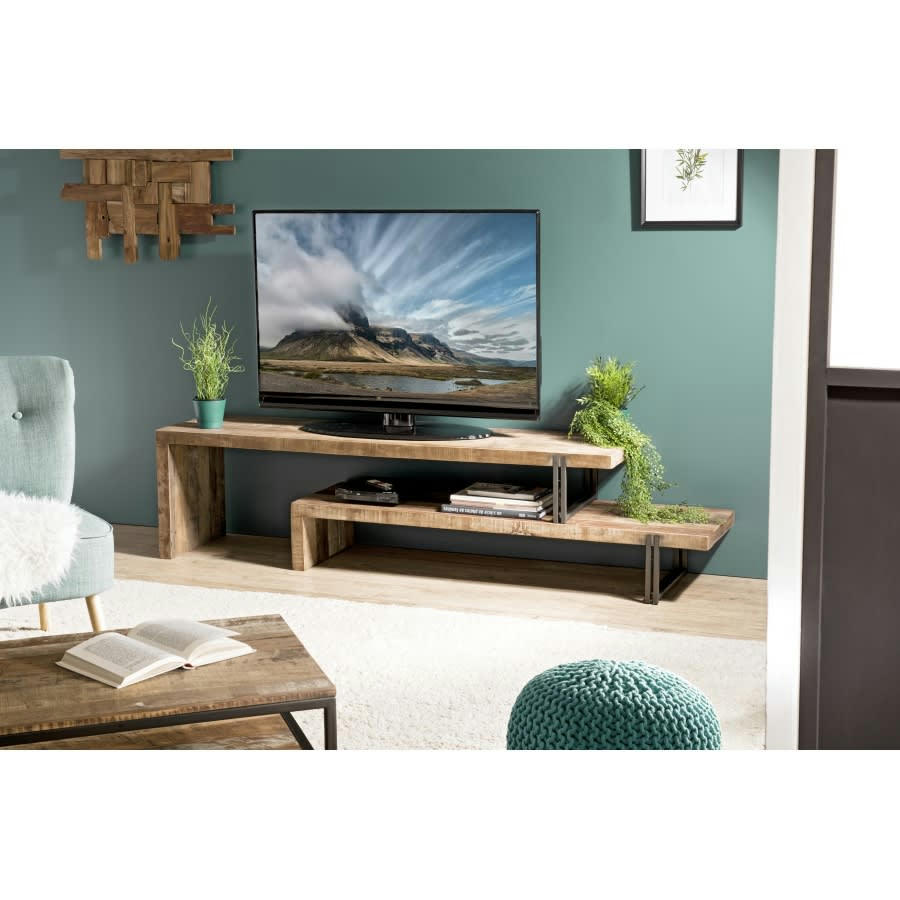 ALIDA - Meuble TV 2 niveaux en teck recyclé acacia mahogany métal noir