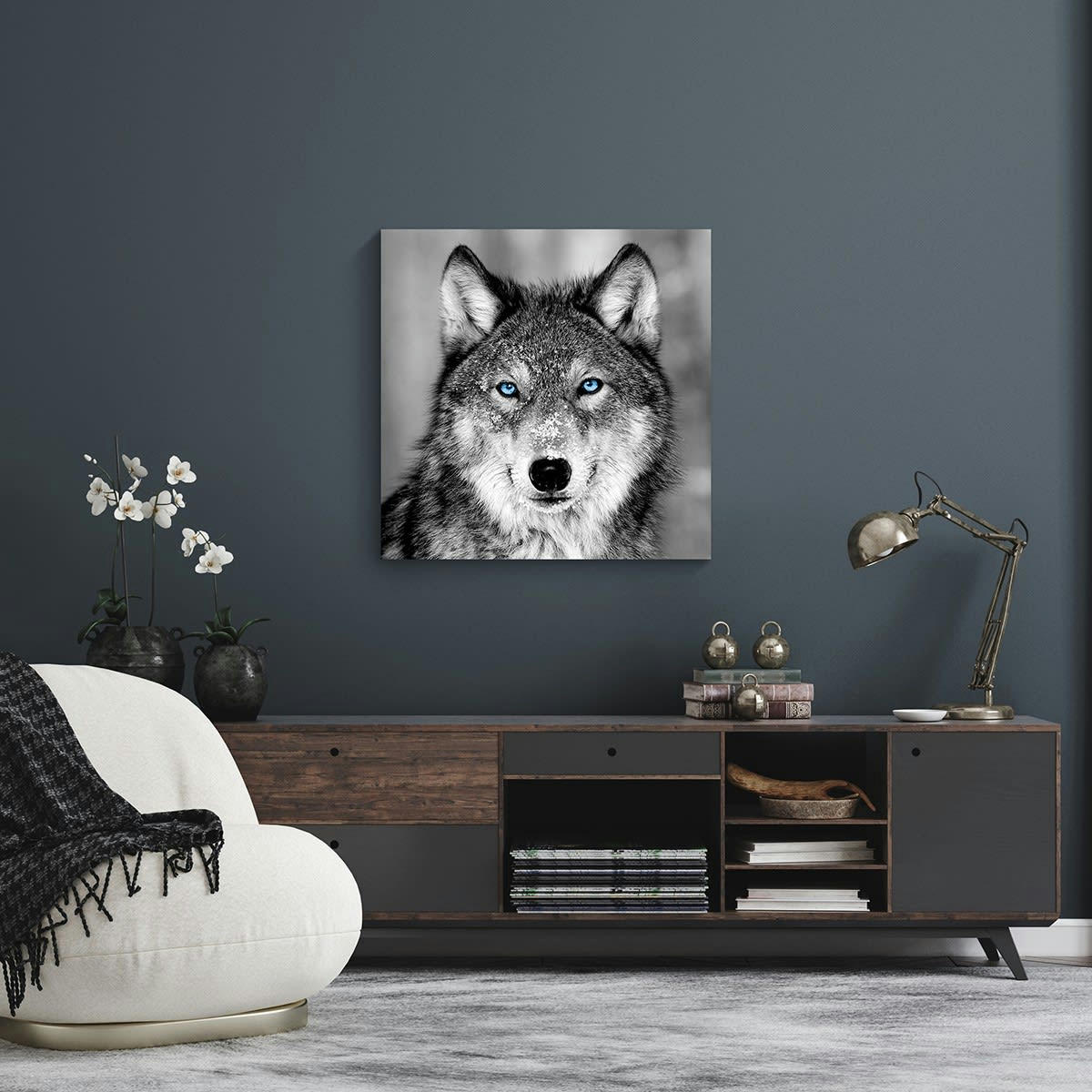 ANIMAUX - Tableau sur verre synthétique loup aux yeux bleus 90x90 cm