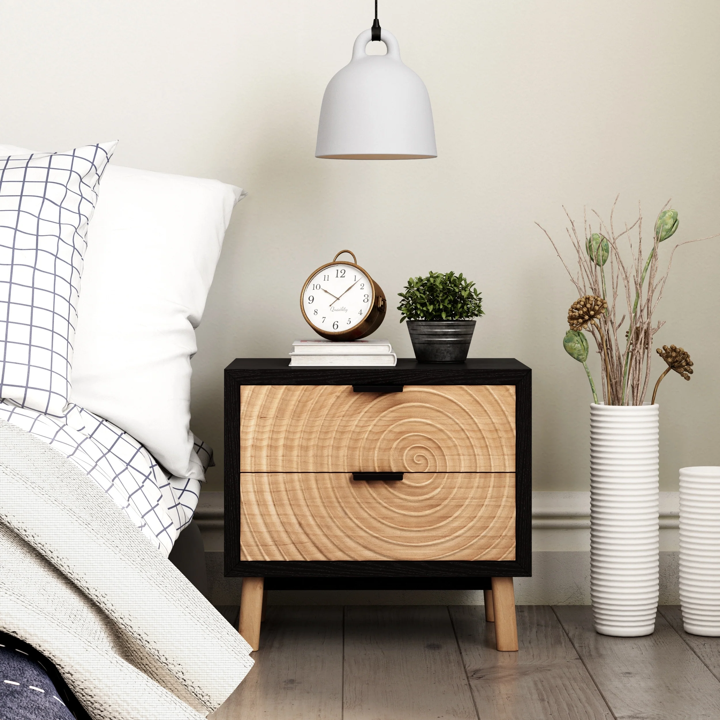 COZAYH Modern Farmhouse Nightstand, Drawer with Handcrafted Wood Ring Motif