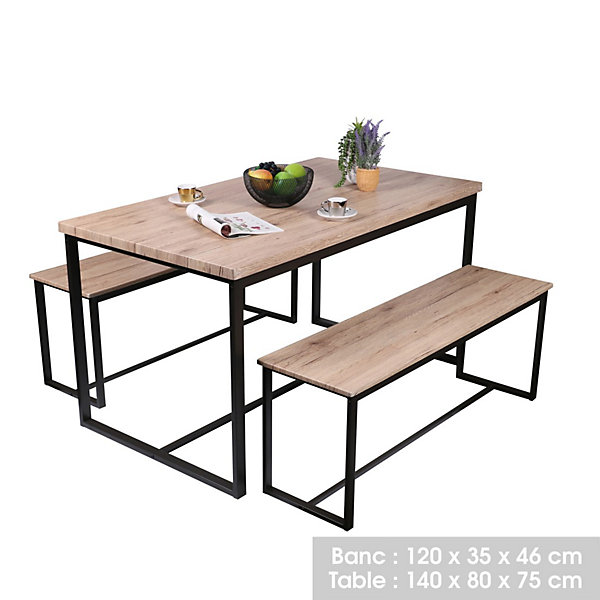 Ensemble table et deux bancs style industriel en bois et métal Collection DARYLTable 140 cm et deux bancs 120 cm