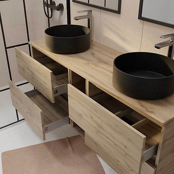 Meuble Salle de Bains 140 TIMBER Décor Chêne 4 Tiroirs et Module 2 Vasques Noires 2 Miroirs 60x80