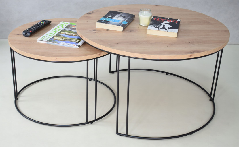 Zestaw Okrągłych Stolików Kawowych 2w1 Salon Loft Czarny Dąb Artisan