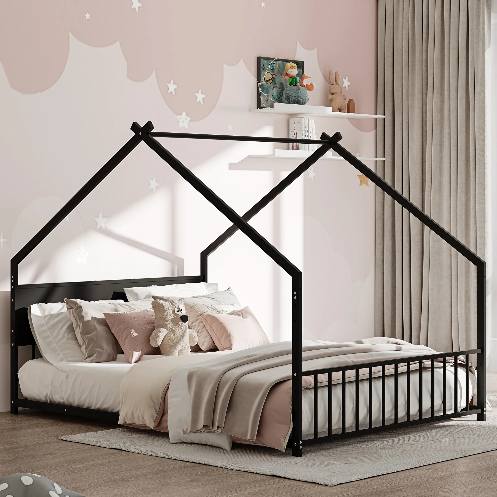 Twin Size Kids' House Bed Frame with Canopy, Built-In Multi-Color LED Lights, Sturdy Metal Slats, Low-Profile Design