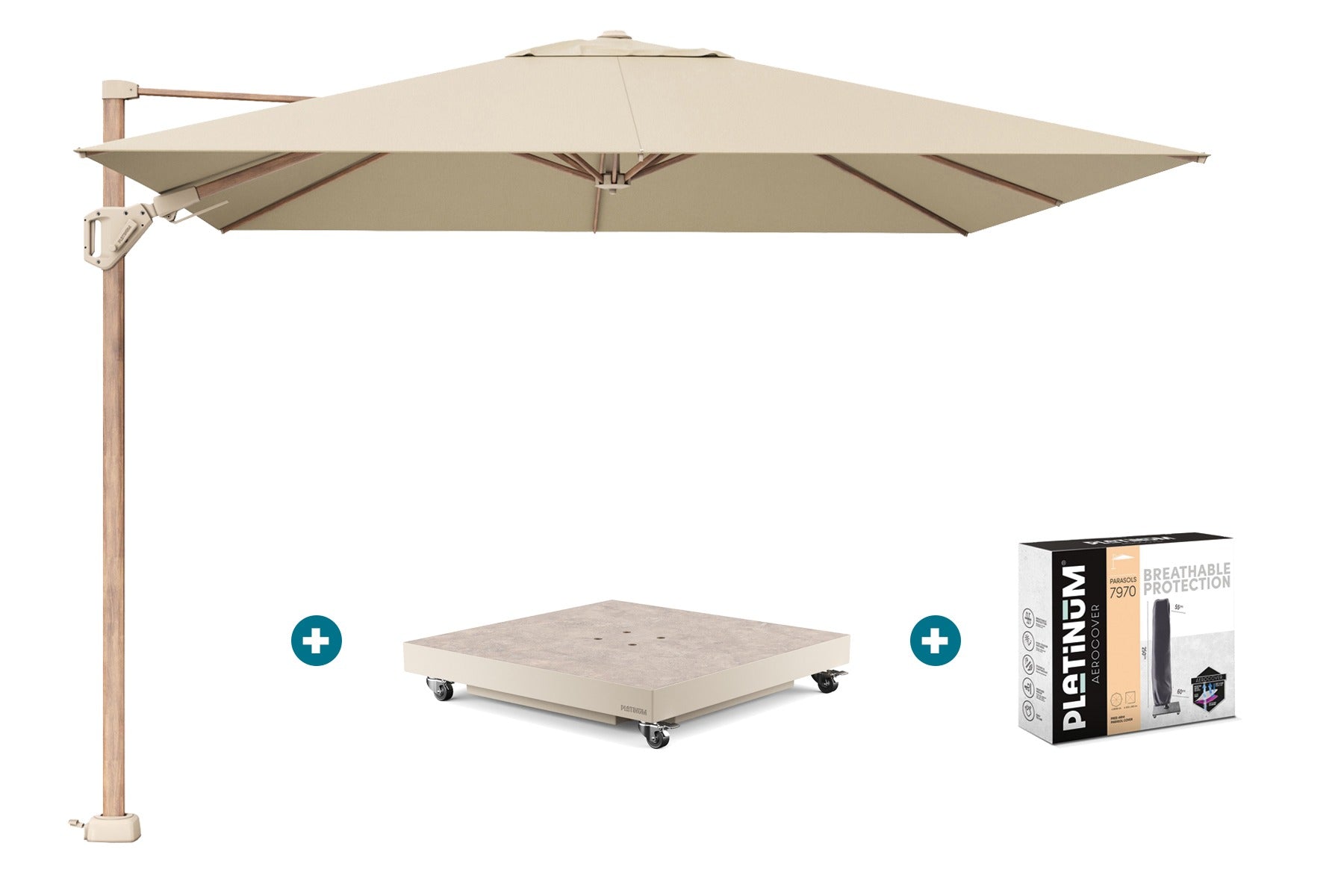Platinum Challenger zweefparasol Premium T2 champagne teak met vulbare
