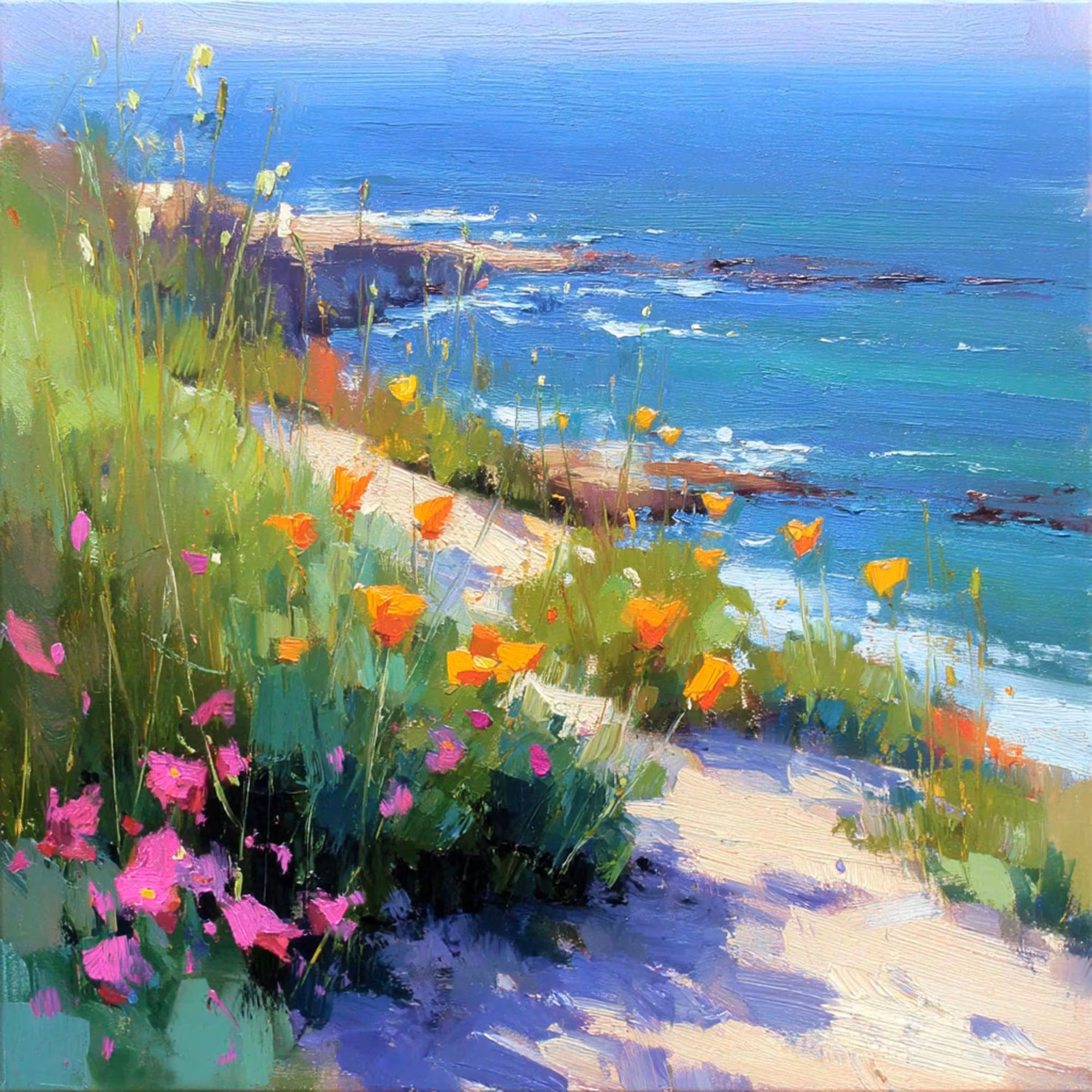 California Poppies Original Oil Painting Ocean Artwork Coastal Landscape Impressionist Art