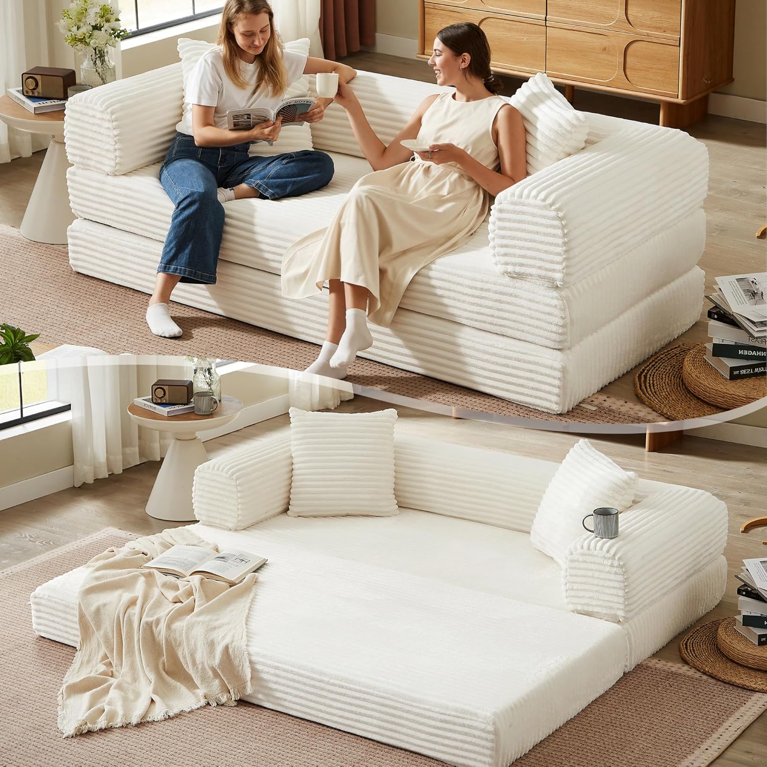 Boneless Couch Versatile Couches for Living Room No-Install Sofa Bed Corduroy Futon Soft Cloud Couch with Pillows for Bedroom Game Movie (White, 76)