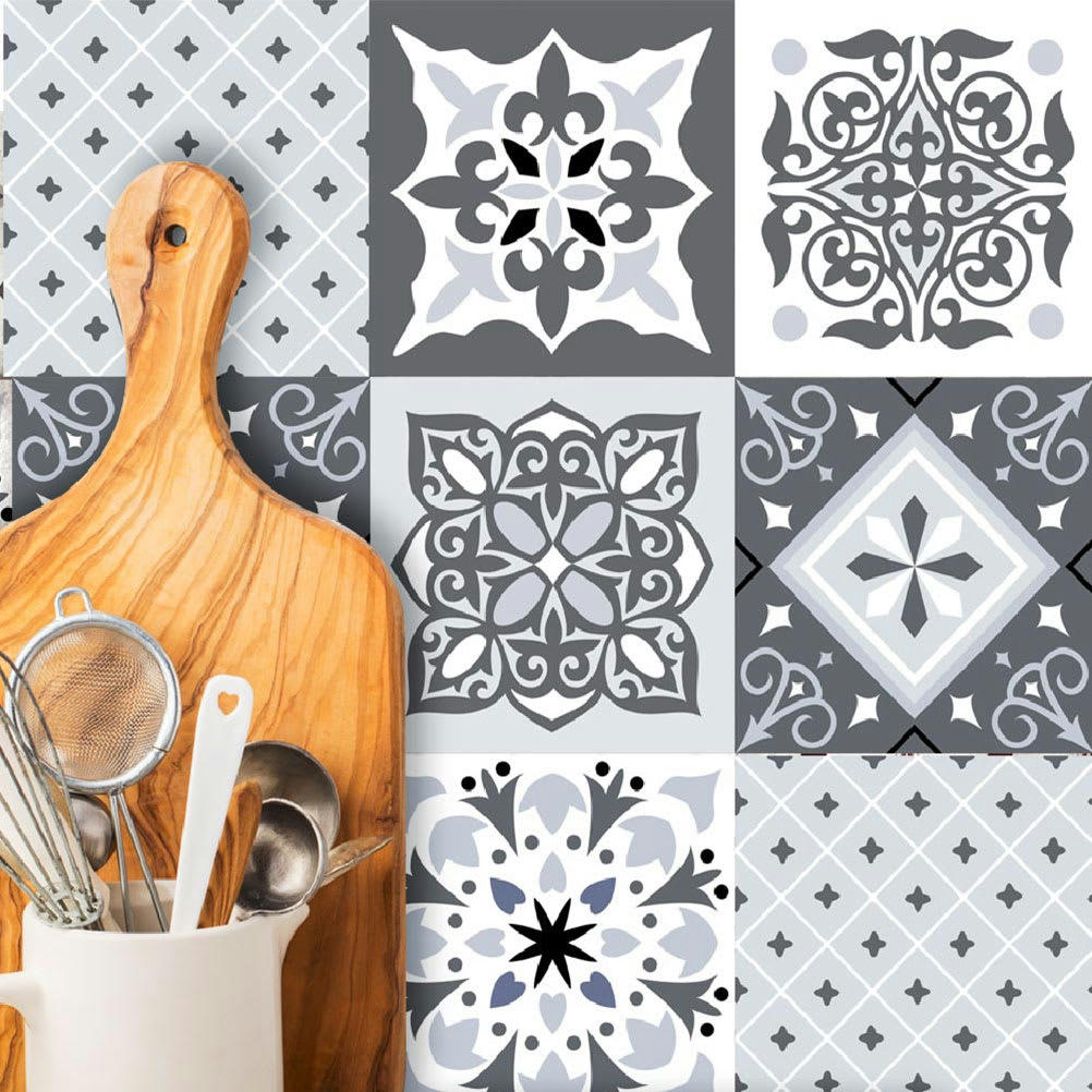 CARREAUX - 6 stickers à carreaux de ciment gris 15x15cm