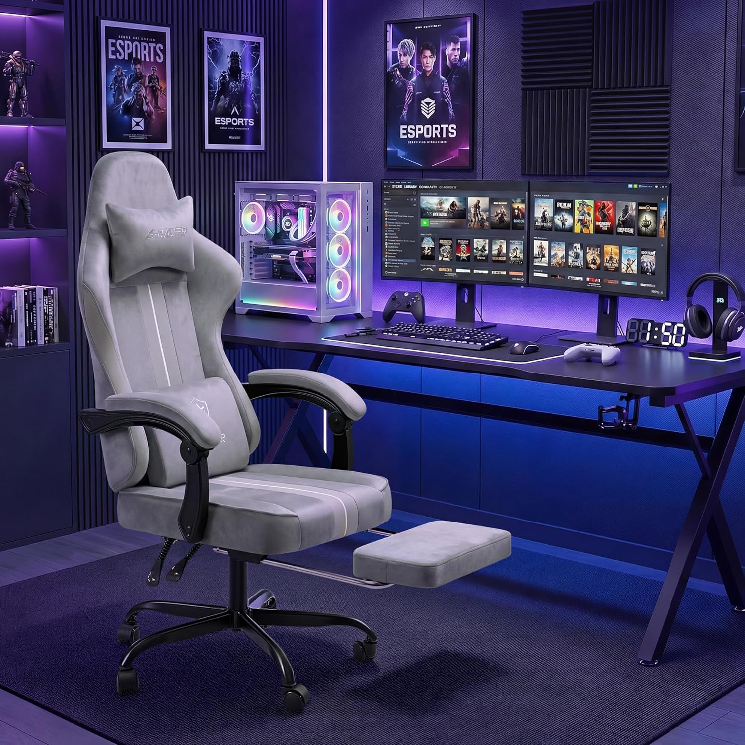 Homall Gaming Chair with Massage & Footrest, Ergonomic Computer Office Chair, High-Back Racing Style Reclining Chair with Adjustable Lumbar Support, Breathable Tech Fabric for Adults (Light Grey)