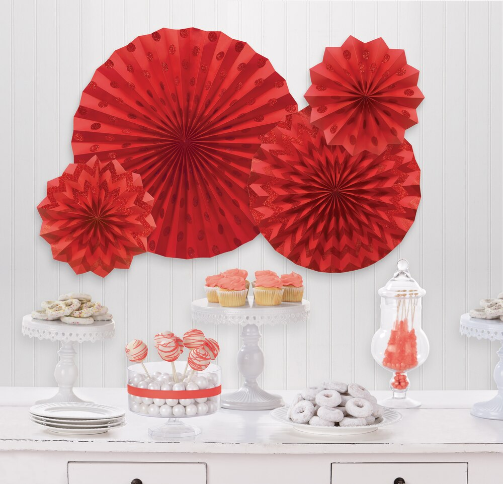Glitter Red Polka Dot & Chevron Paper Fan Decorations, 4-ct