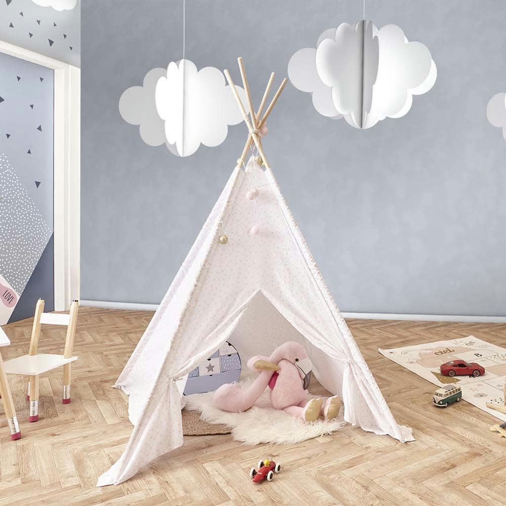 - Tipi enfant en tissu 160 cm little house blanc et rose