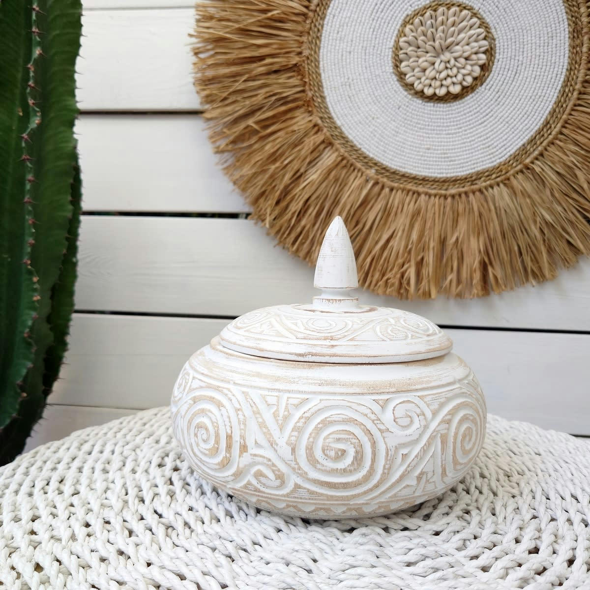 ZARA - Boîte en bois sculpté, blanc D19 x H18 cm