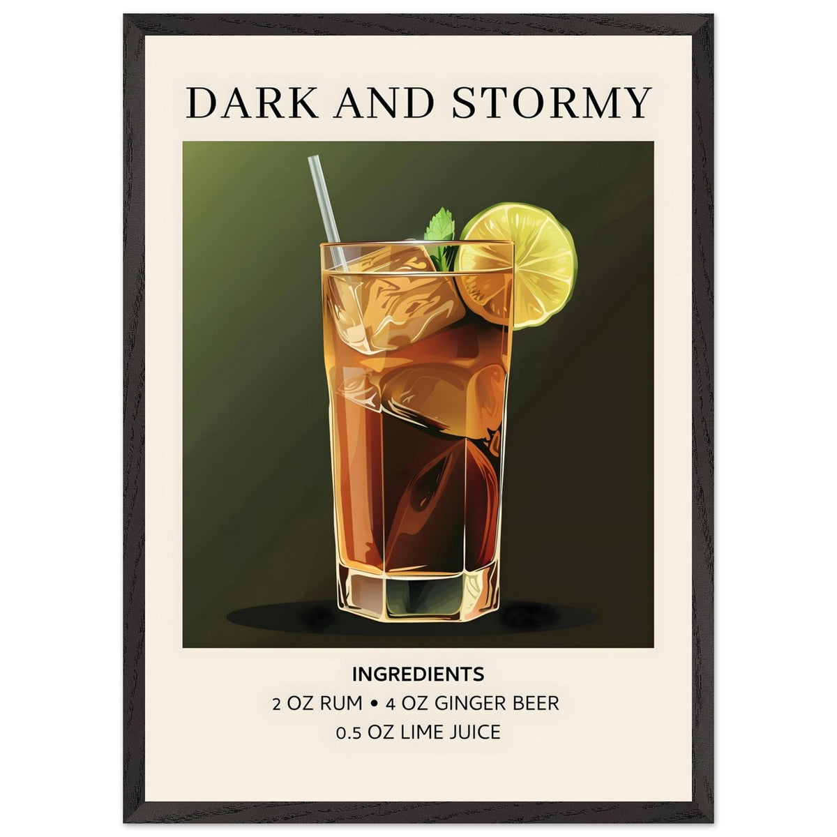 Artfulprints Poster met Lijst Dark and Stormy cocktail - Ingrediënten  - 50x70 cm - Donkergroen