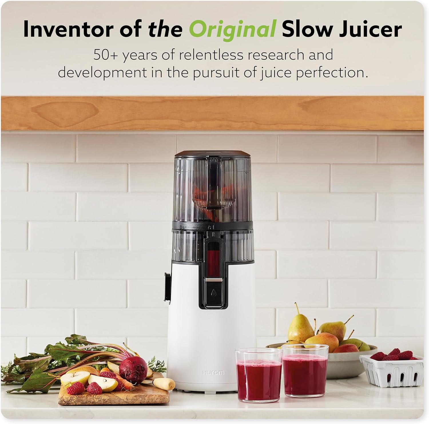 Hurom H70 Cold Press Juicer Machine, Easy to Clean Masticating Slow Juicer, Ideal Balance of Size and Function, Compact, Strainer Free, Self Feeding, Hands Free, with Wide Mouth Hopper (White)