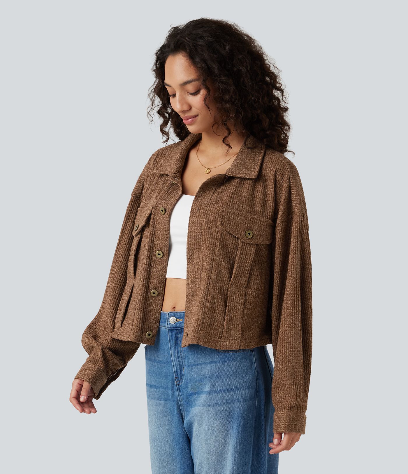 Veste décontractée maille gaufrée manches longues avec poches
